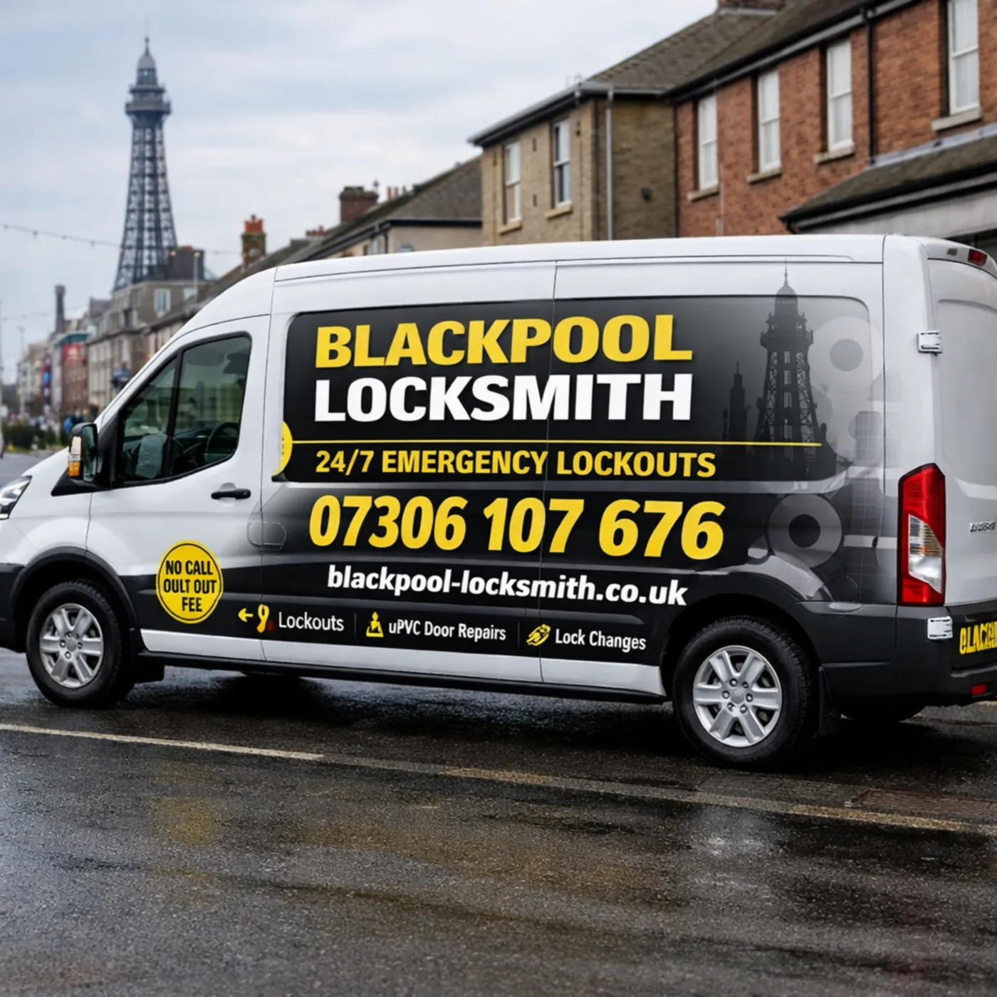 Blackpool locksmith van with Blackpool Tower - blackpool-locksmith.co.uk 07306 107676 emergency locksmith Blackpool 24/7